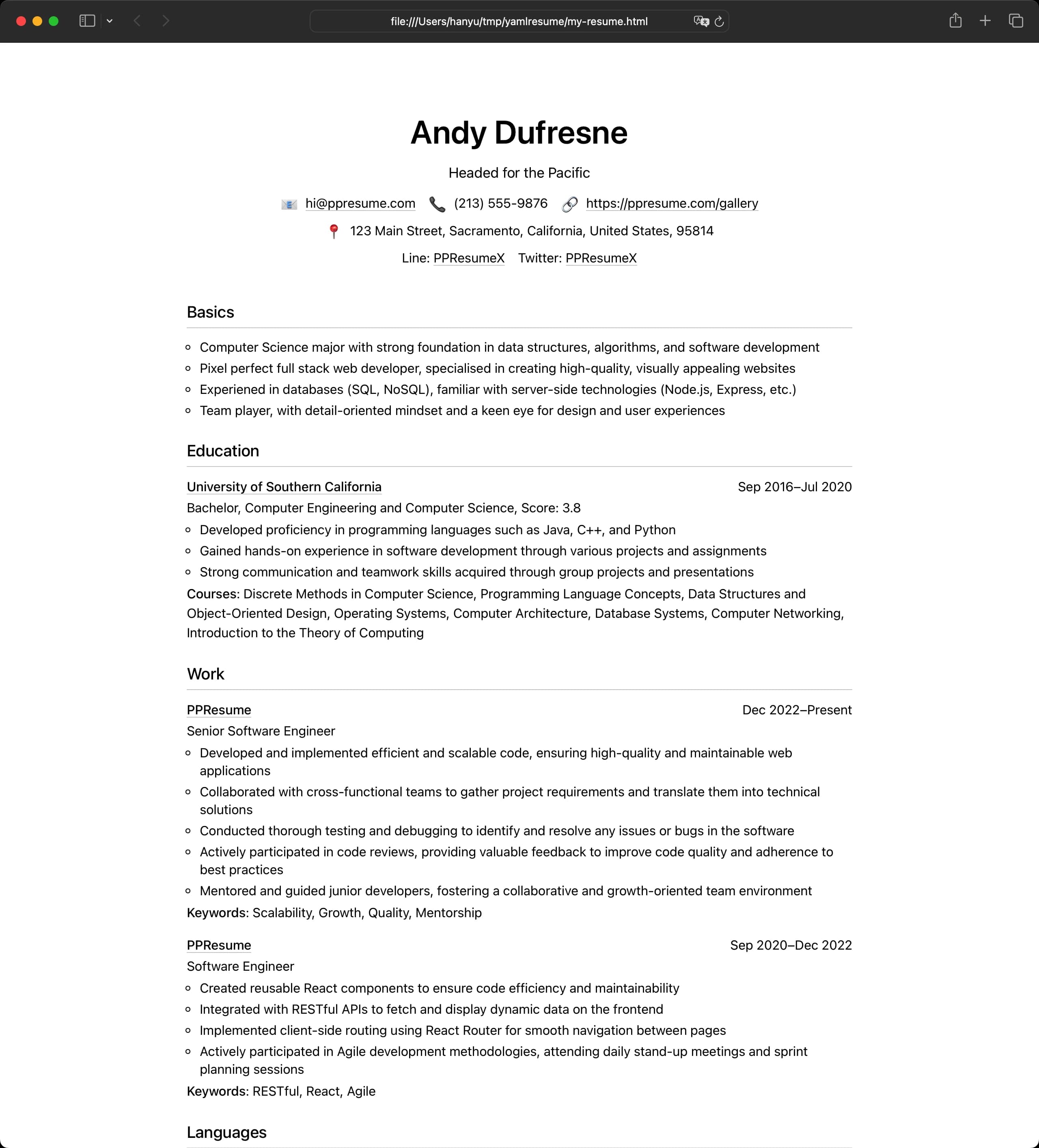 YAMLResume HTML Calm Template