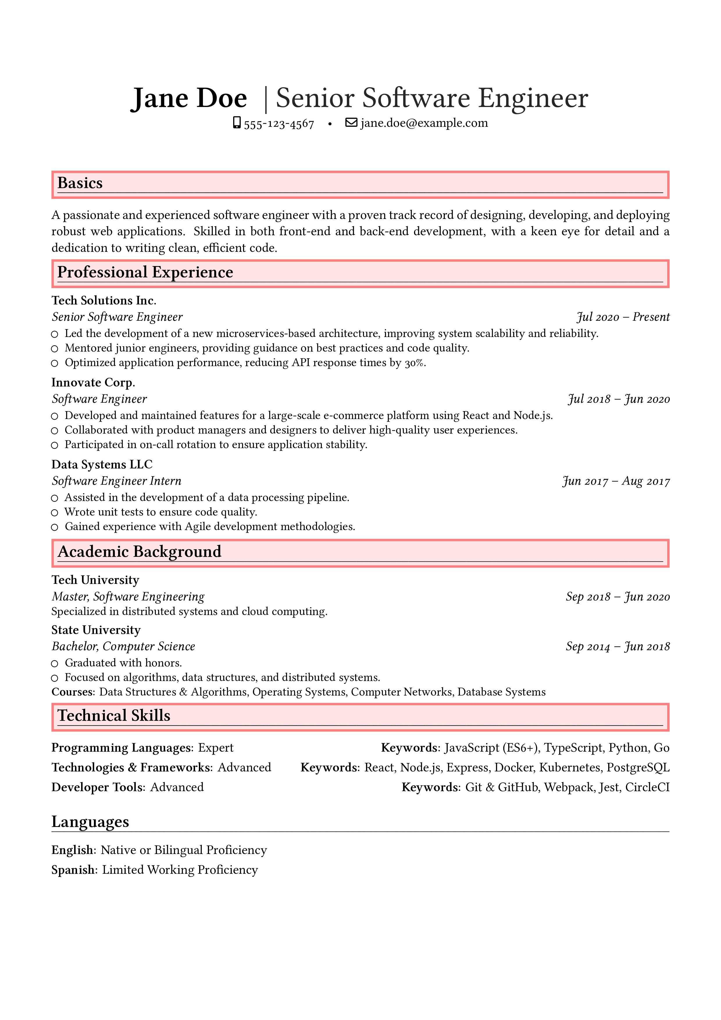 YAMLResume v0.6 sample resume