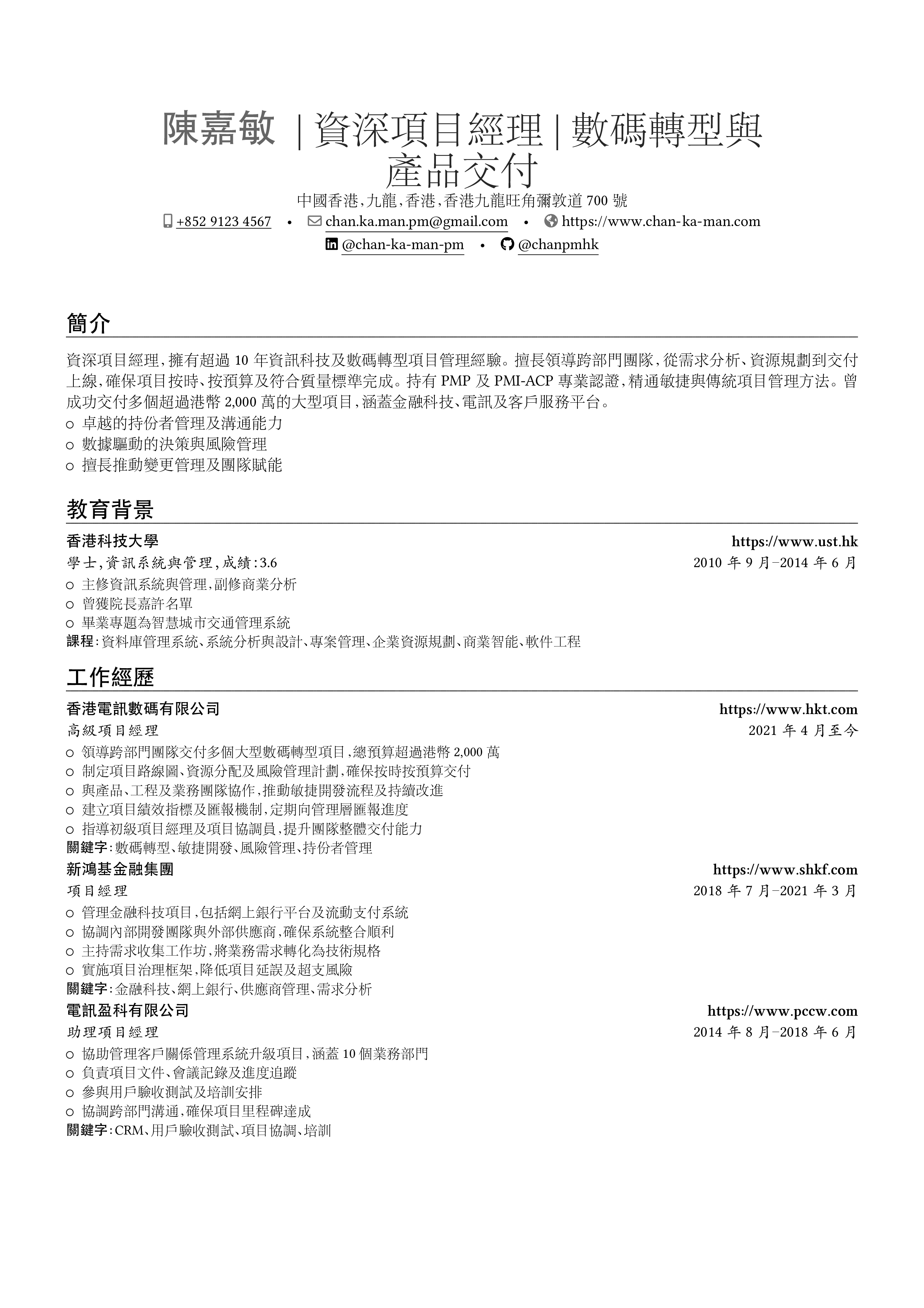 項目經理 resume preview