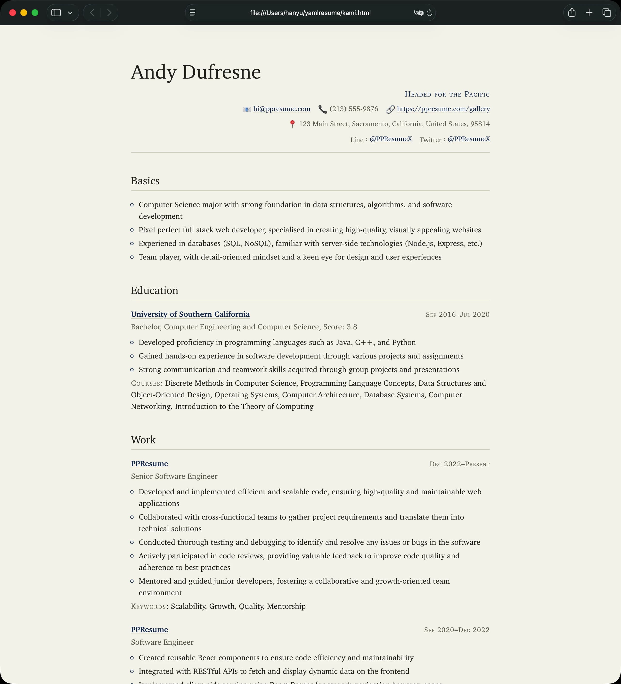 YAMLResume HTML Kami Template