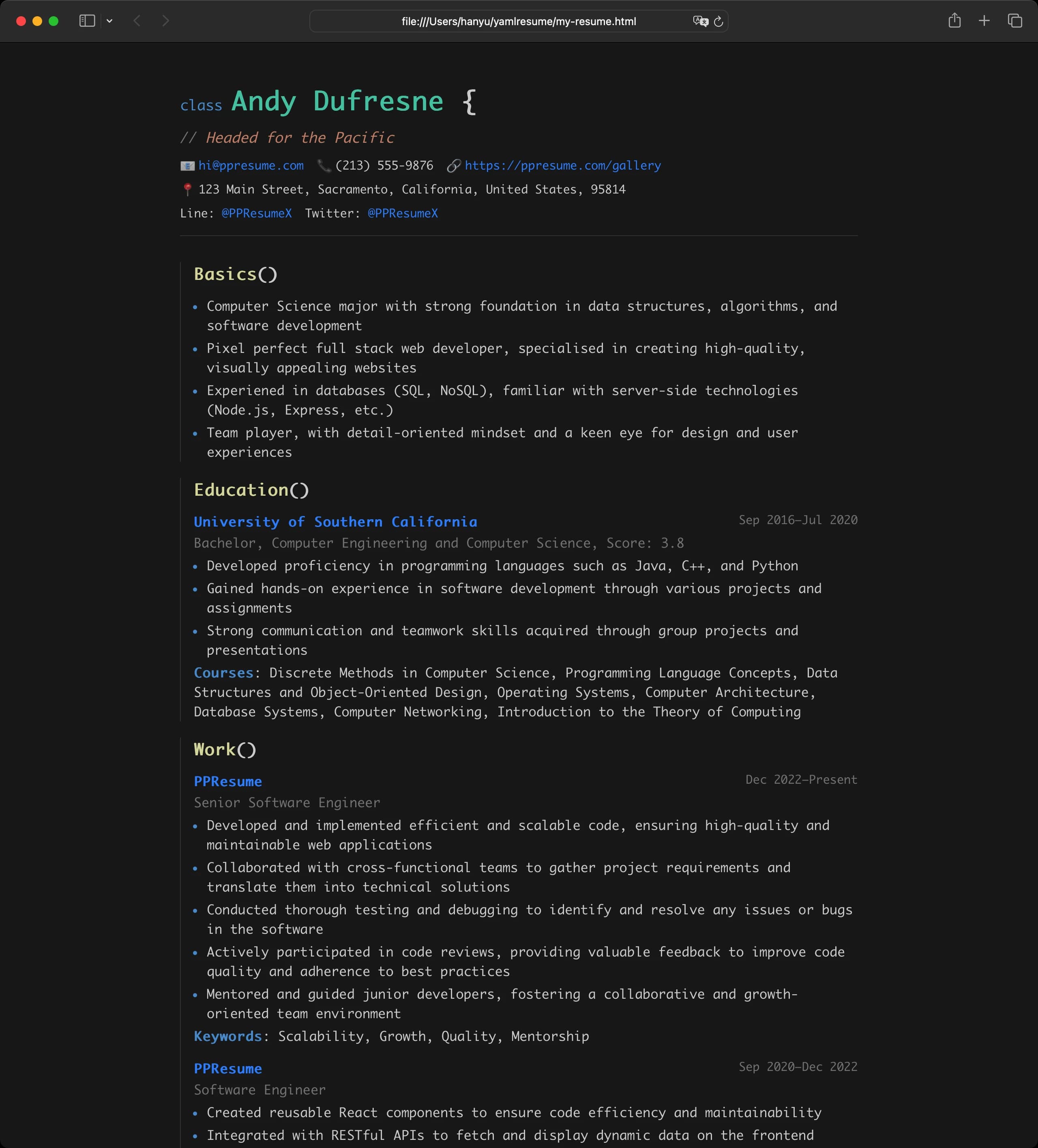 YAMLResume HTML VS Code Template