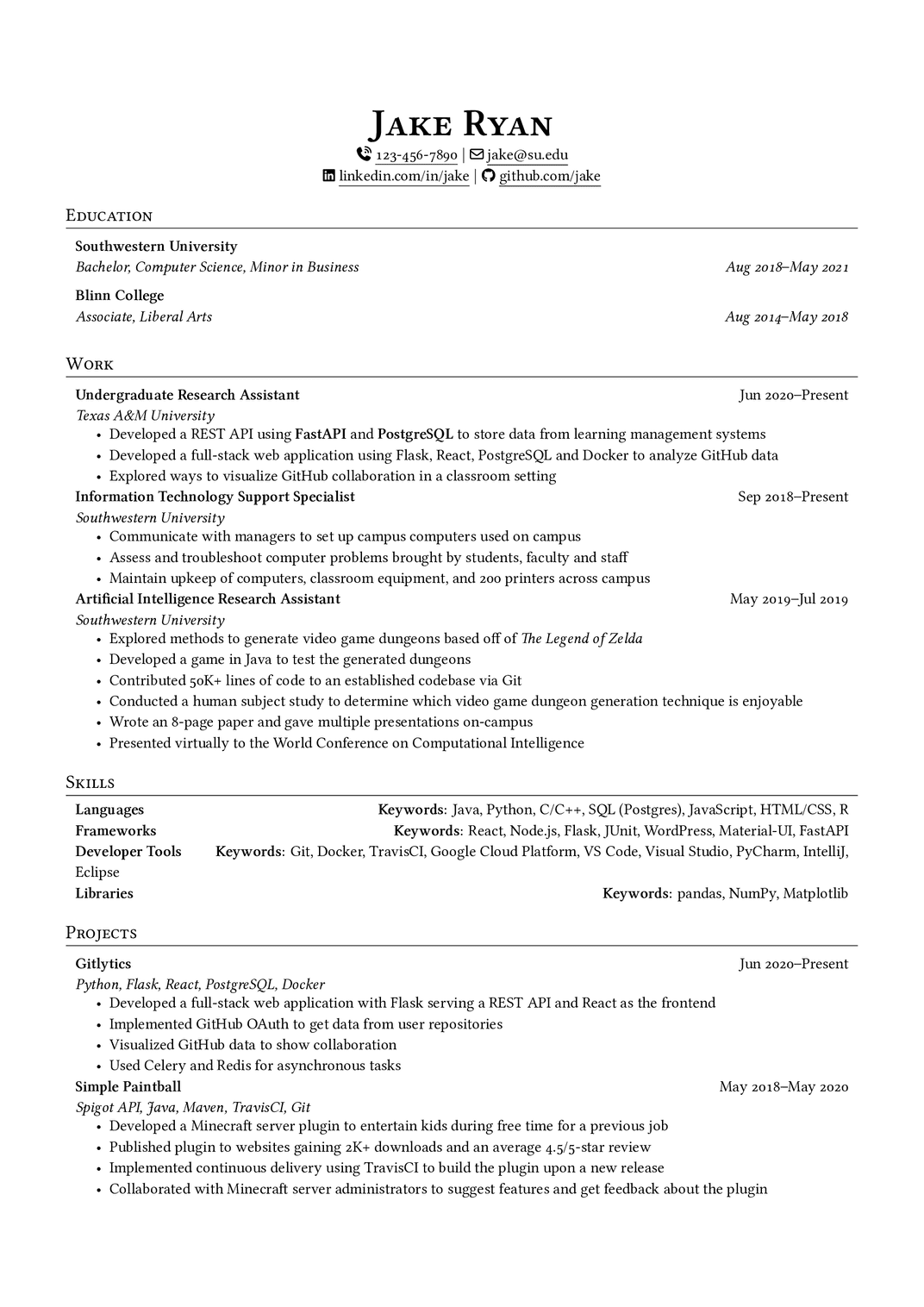 YAMLResume でレンダリングした Jake's Resume